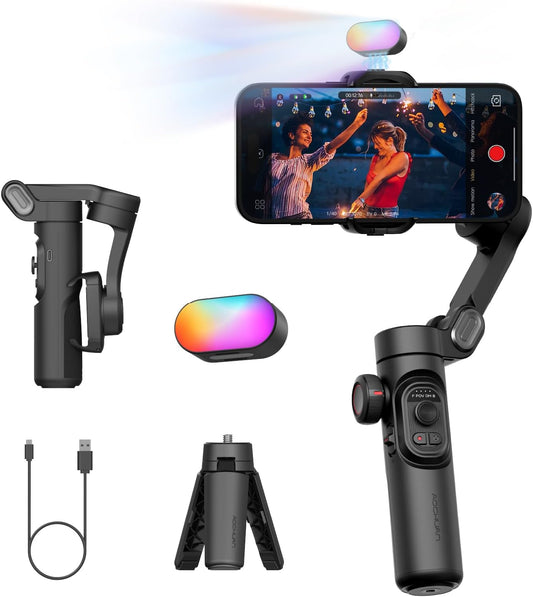 3-Axis Smartphone Gimbal Stabilizer with RGB Magnetic Fill Light, Improved Face Tracking, Focus Wheel, and Foldable Design for iPhone and Android Vlogging